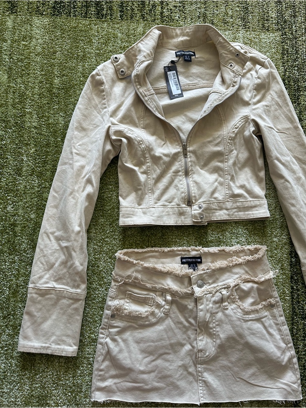PrettyLittleThing Beige Cropped Denim Jacket and Mini Skirt Set